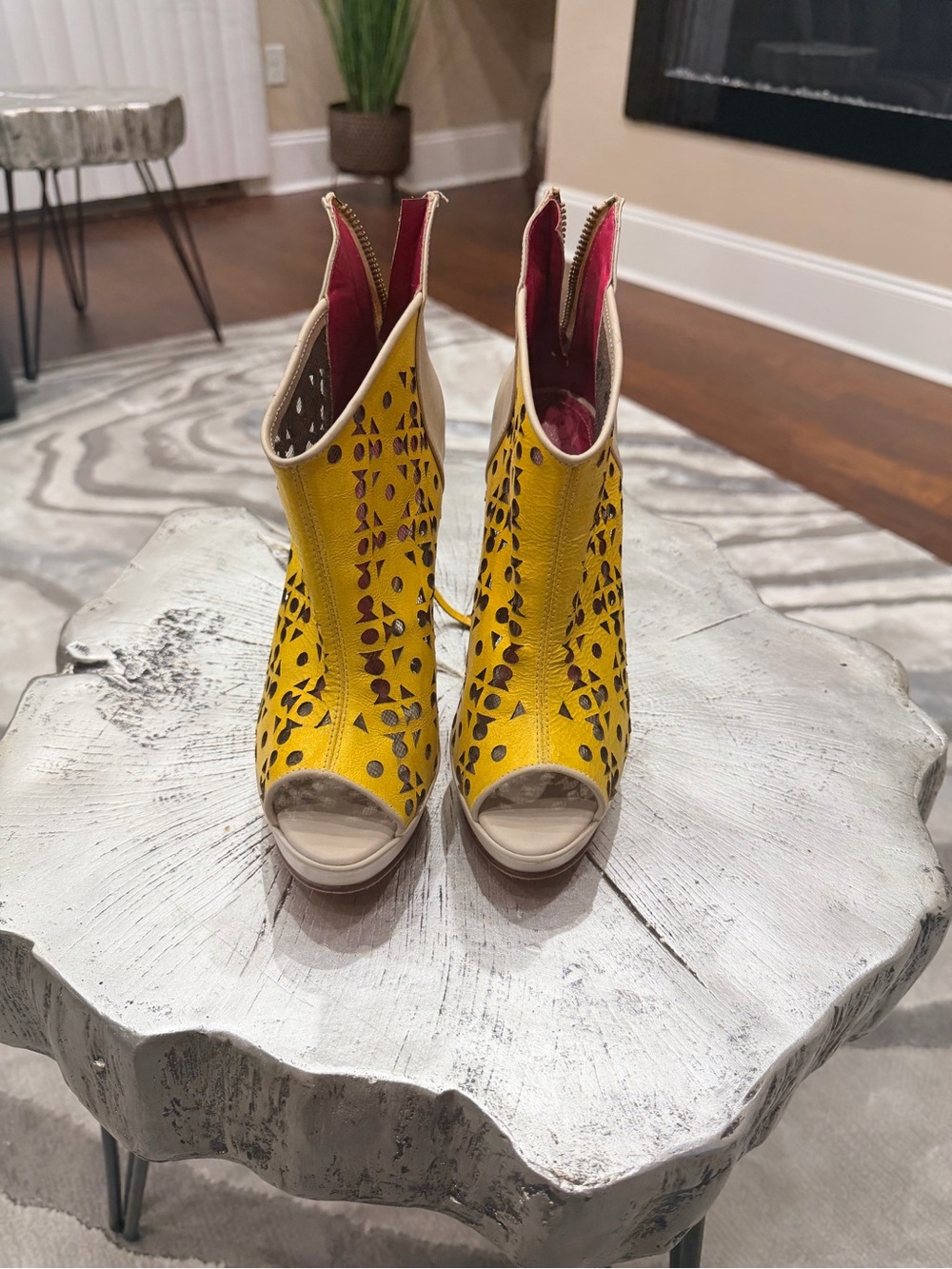 Yellow Laser-Cut Peep-Toe Women's Booties